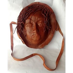 Vintage  Handmade 3D Molded Human Face Genuine Leather Tribal Crossbody Bag